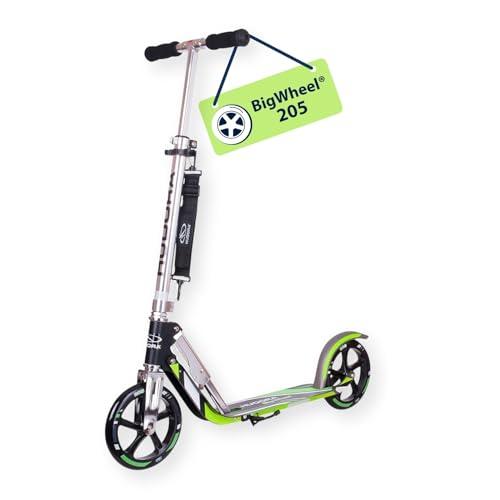 HUDORA BigWheel 205 Scooter - Stable Aluminum Scooter - Adjustable &amp; Foldable City Scooter with Stand - Sporty Scooter for Kids &amp; Adults up to 100kg, black/green