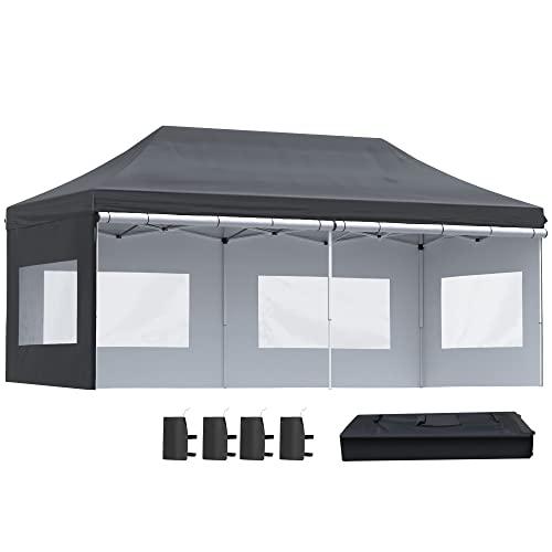 Outsunny 20&#39; x 10&#39; Pop Up Canopy Tent Instant Folding Shelter Gazebo with Removable Sidewalls, 6 Windows, 4 Sand Weights Bags and Carrying Bag, Black