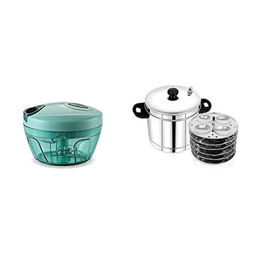 Pigeon by Stovekraft New Handy Mini Plastic Chopper with 3 Blades, Green + Pigeon - Stainless Steel 6 - Plates Idly Maker