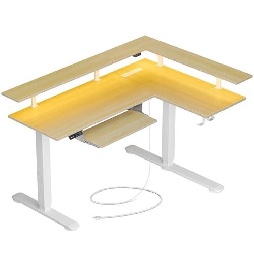 Rolanstar Standing Desk, Dual Motor L Shaped Height Adjustable Desk with LED Lights and Charging Station, 61 x 46 inch Electric Sit Stand Desk, Beige Corner Home Office Desk with Monitor Shelf