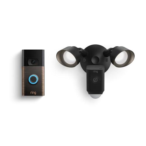         Ring Floodlight Cam Wired Plus, Black with Ring Video Doorbell, Venetian Bronze       