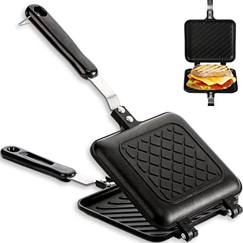 ZOOFOX Sandwich Maker, Grilled Sandwich and Panini Maker Pan with Non-Stick Plates, Stovetop Toasted Sandwich Maker Aluminum Flip Pan for Home Kitchen, 5.9&#34; L x 14.2&#34; H