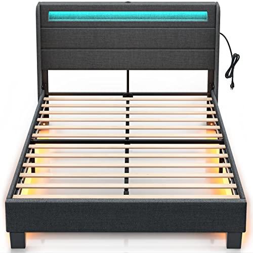 Rolanstar Bed Frame Queen Size with Headboard, Upholstered Platform Bed Frame Queen with LED Lights and USB Ports, Motion Activated Night Light &amp; Solid Wood Slats, No Box Spring Needed, Dark Grey