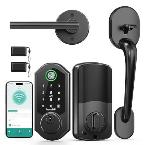 Smart Front Door Lock Set: WiFi Deadbolt Hornbill Smart Lock, 11-in-1 Keyless Entry Keypad Door Lock with Handle,Alexa Fingerprint Door Lock for Front Door,Remote Bluetooth Electronic Lock,Matte Black