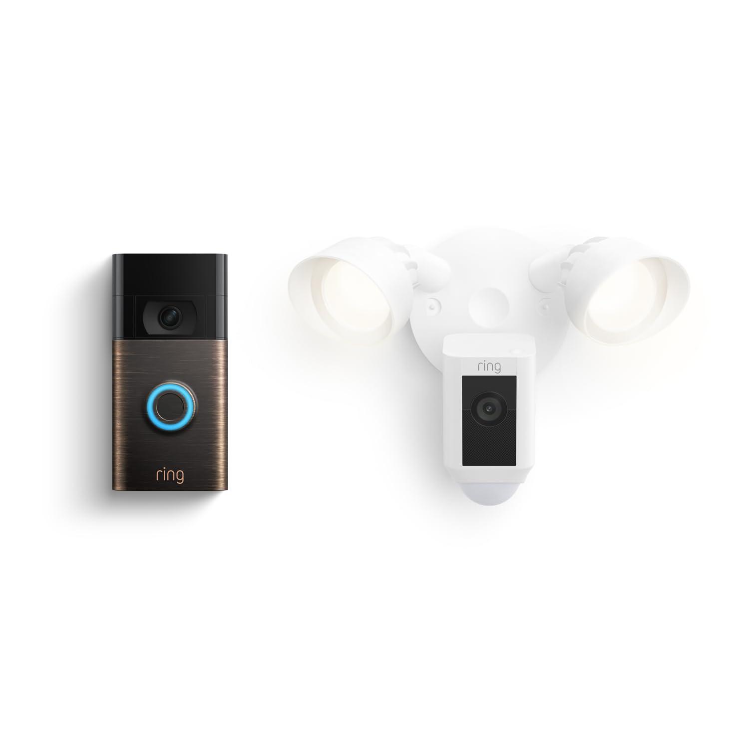         Ring Floodlight Cam Wired Plus, White with Ring Video Doorbell, Venetian Bronze       