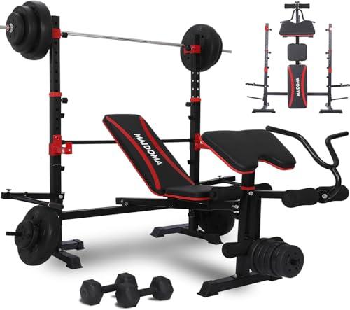 MAIDOMA 1500LBS 6 in 1 Weight Bench Set with Leg Extension/Curl and Preacher Curl, Bench Press Set and Squat Rack with Safety Bar Catches, Foldable Workout Benches for Home(US Stock)