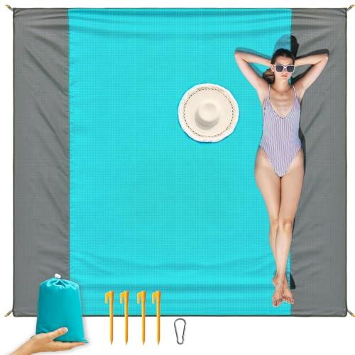 ISOPHO Beach Blanket Picnic Blanket, Extra Large 210 x 200cm/79 * 83IN Waterproof Sandproof Water Resistant Beach Mat with 4 Fixed Nails, Reinforced Edging for Beach, Camping, Hiking