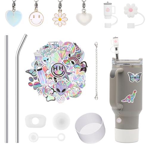 SnugMaker Stanley Cup Accessories Set for Stanley Cup 63 Pcs Including Straw Covers Cap, Spill Proof Stopper, Charm, Boot, Straw, Sticker Accessories for Stanley 40oz ＆ 30oz