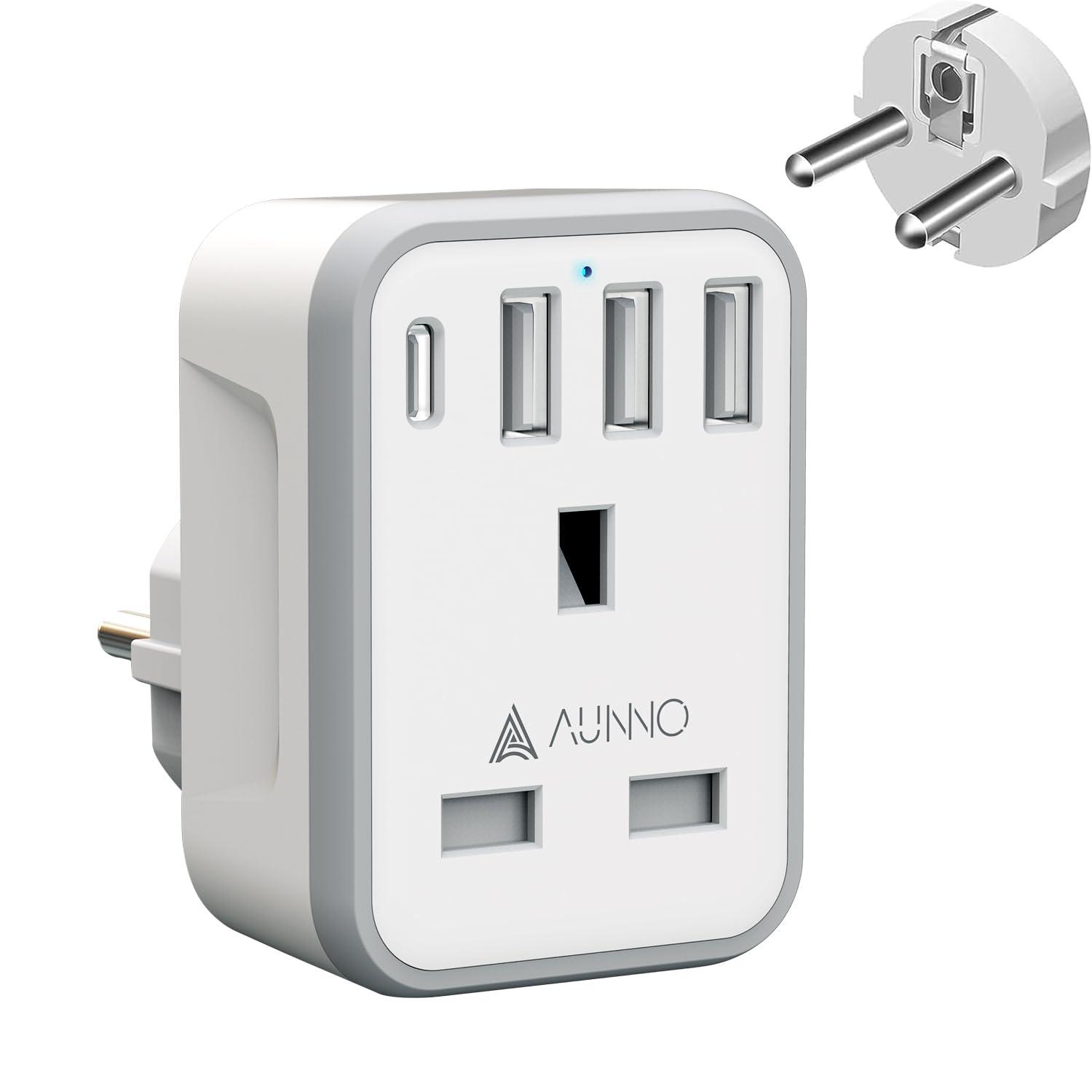        AUNNO UK to European Plug Adapter, Grounded European Plug Adapter with 3 USB Ports and 1 USB-C Port, Adapter for Germany France Spain Turkey Russia Iceland Greece Poland (Type E/F)       