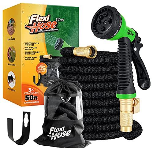Flexi Hose PLUS with 8 Function Nozzle Expandable Garden Hose, Lightweight &amp; No-Kink Flexible Garden Hose, 3/4 inch Solid Brass Fittings and Double Latex Core, 50 ft Black