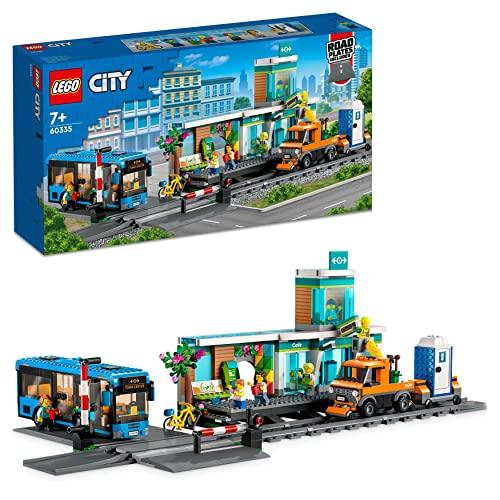 LEGO City Train Station Set with Toy Bus for Kids Boys &amp; Girls with Rail Truck, Tracks and Road Plate Level Crossing, Compatible with City Sets 60335