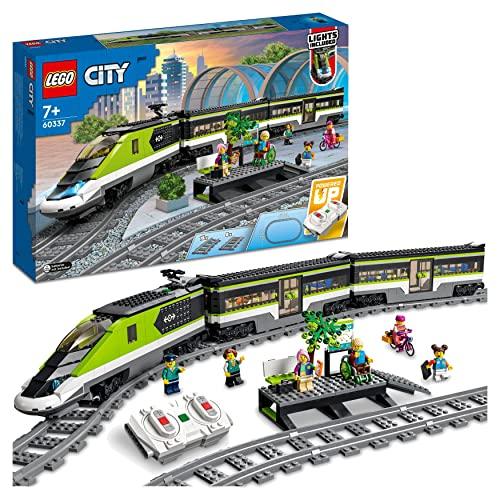 LEGO 60337 City Express Passenger Train Set, Remote Controlled Toy, Gifts for Kids, Boys &amp; Girls with Working Headlights, 2 Coaches and 24 Track Pieces, Plus 6 Minifigures
