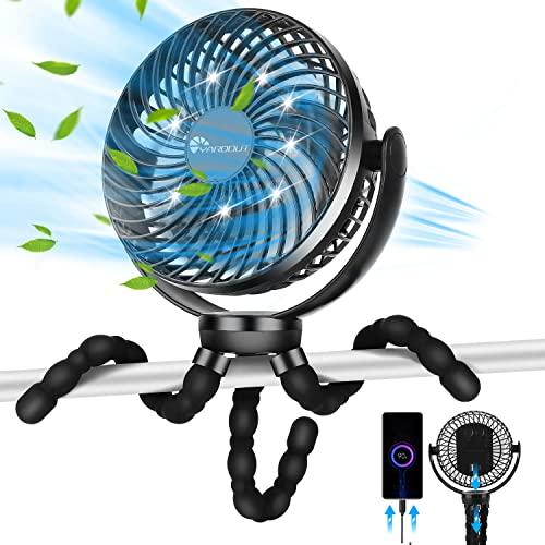Yardout 8000mAH Octopus Pram Fan, Rechargeable Stroller Fan with Detachable Flexible Tripod, 720° Rotatable Versatile Desk Fan, USB Fan with 3 Speed &amp; Lights for Office Camping Cycling Car Seats