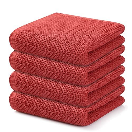 Kitinjoy 100% Cotton Waffle Weave Kitchen Towels, 4-Pack Super Soft and Absorbent Kitchen Dish Towels for Drying Dishes, Kitchen Hand Towels, 13 in x 28 in, Brick Red