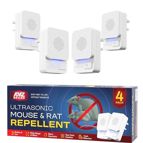 AMZ BRAND Ultrasonic Mouse Repellent 4 Pack - Indoor Rodent Repeller - 3 Modes of Operation - Plug-In Pest Repeller - Broad Frequency Range - Ideal for Mice and Rats - Safe to Use