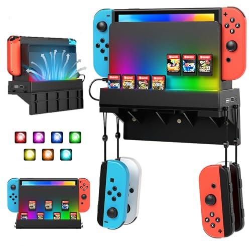 Switch Wall Mount for Nintendo Switch and Switch OLED, Game Holder Stand with Light, Console Shelf for Charging Dock, 7 Game Card Slots,4 Controller Accessories Kit Storage Compatible with Joy Con