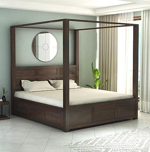 STRATA FURNITURE Solid Sheesham Wood Queen Size Poster Bed with Storage Wooden Double Bed for Bedroom Living Room Home (Walnut Finish)