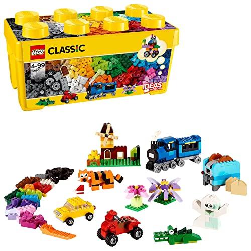 LEGO 10696 Classic Medium Creative Brick Box, Easy Toy Storage, Colourful Bricks Building Set, Toys for Kids, Boys &amp; Girls Aged 4 Plus Years Old with Wheels, Windows, Eyes and a Green Base Plate