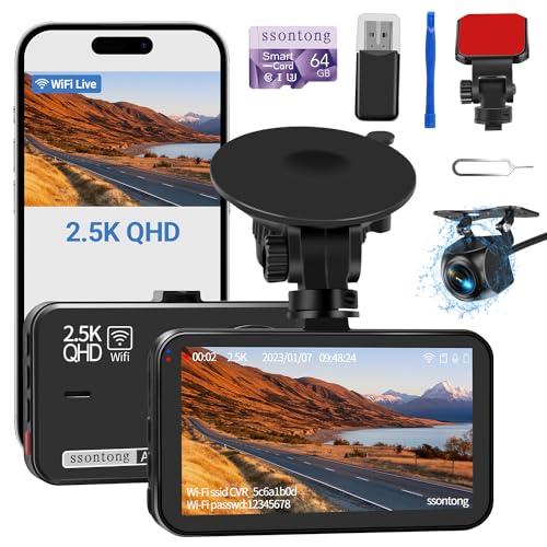 Dash Cam Front and Rear Camera, Dash Cam WiFi/APP Control Dashcam W/ 64GB Card, 2.5K Dash Cam Front + 1080P Rear Car Camera W/Super Night Vision, Loop Recording, G-Sensor, Max Support 256GB