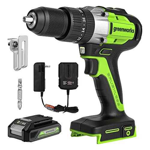 Greenworks 24V Brushless 1/2&#34; Hammer Drill (530 in-lbs.) 2.0Ah Battery and Charger Included, DDG402