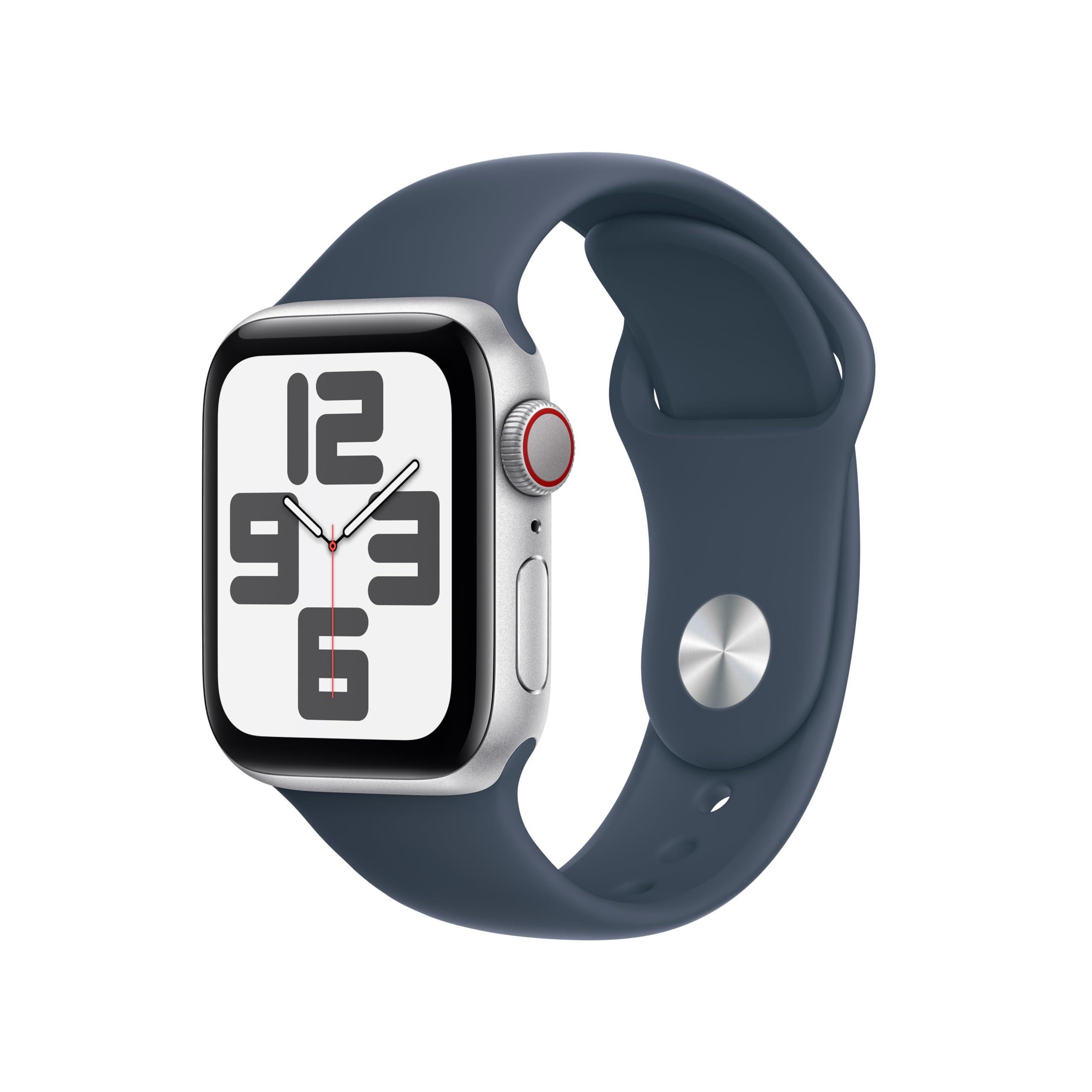         Apple Watch SE (2nd Gen, 2023) [GPS + Cellular 40mm] Smartwatch with Silver Aluminum Case with Storm Blue Sport Band M/L. Fitness &amp; Sleep Tracker, Crash Detection, Heart Rate Monitor, Retina Display       