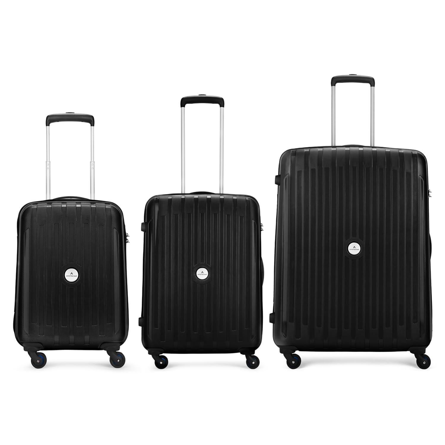        Aristocrat Armstrong 3 Pc Set Cabin 55 Cm(Small) Check-in 66 Cm(Medium) Check-in 75 Cm(Large) 4 Wheels Trolley Bags for Travel Hard Case Luggage, Lightweight Bag with Combination lock (Black)       