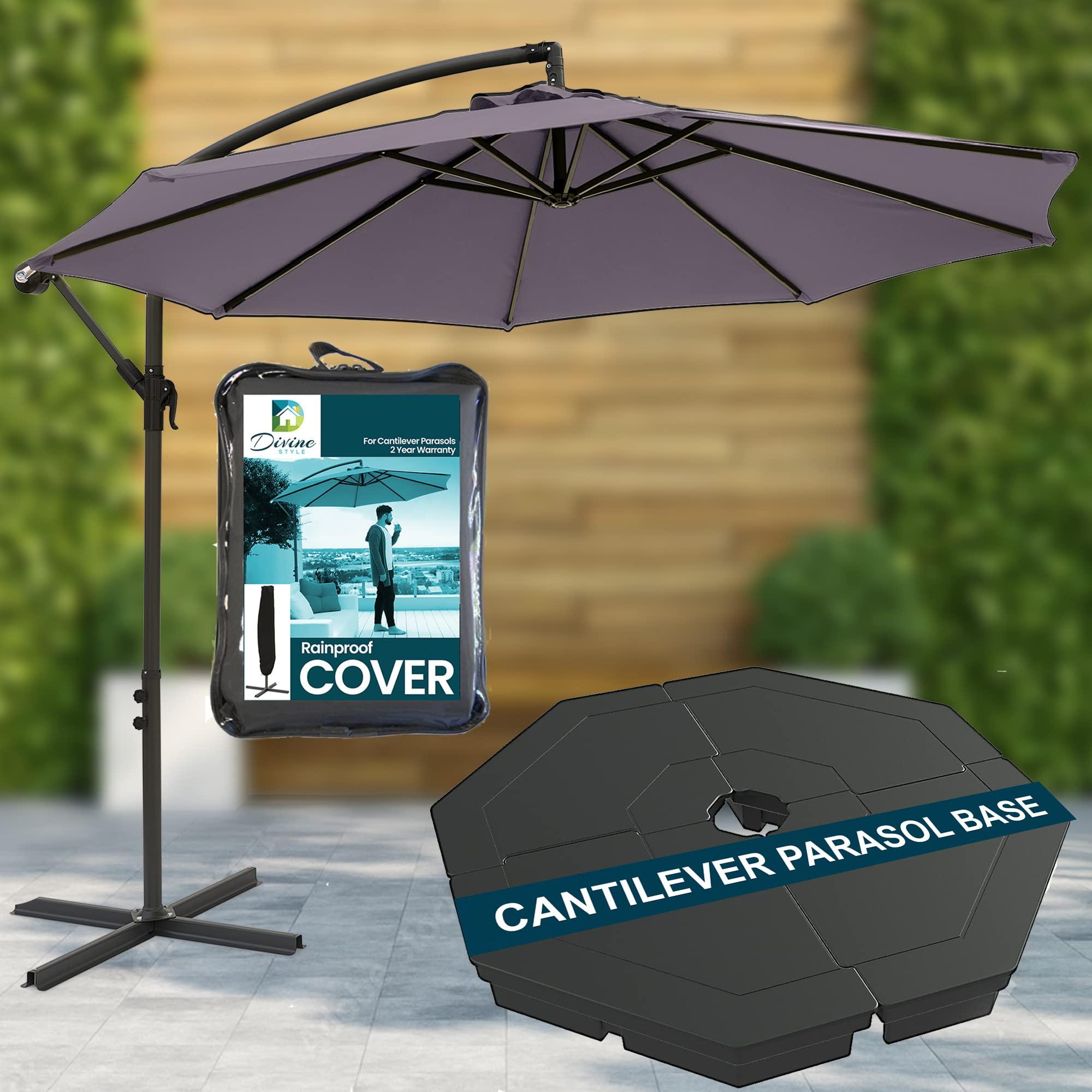         Divine Style 3M Cantilever Banana Garden Parasol with Base Included and Free Waterproof Cover for Outdoor Patio       