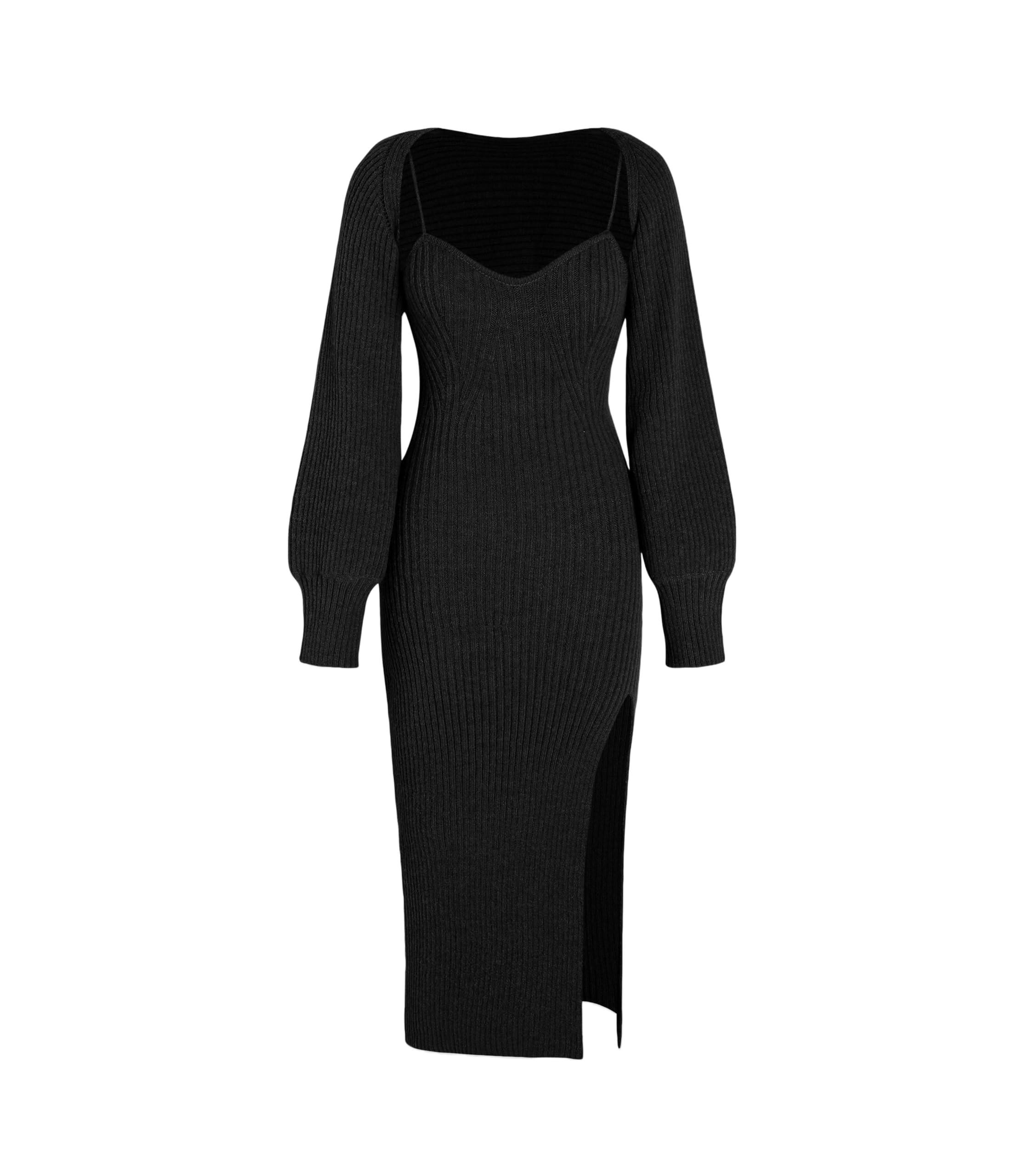         CIDER 2 Piece Sweater Dresses for Women Winter Slit Long Sleeve Womens Midi Dress Pullover Bodycon Wedding Guest Outfits, Black, M       