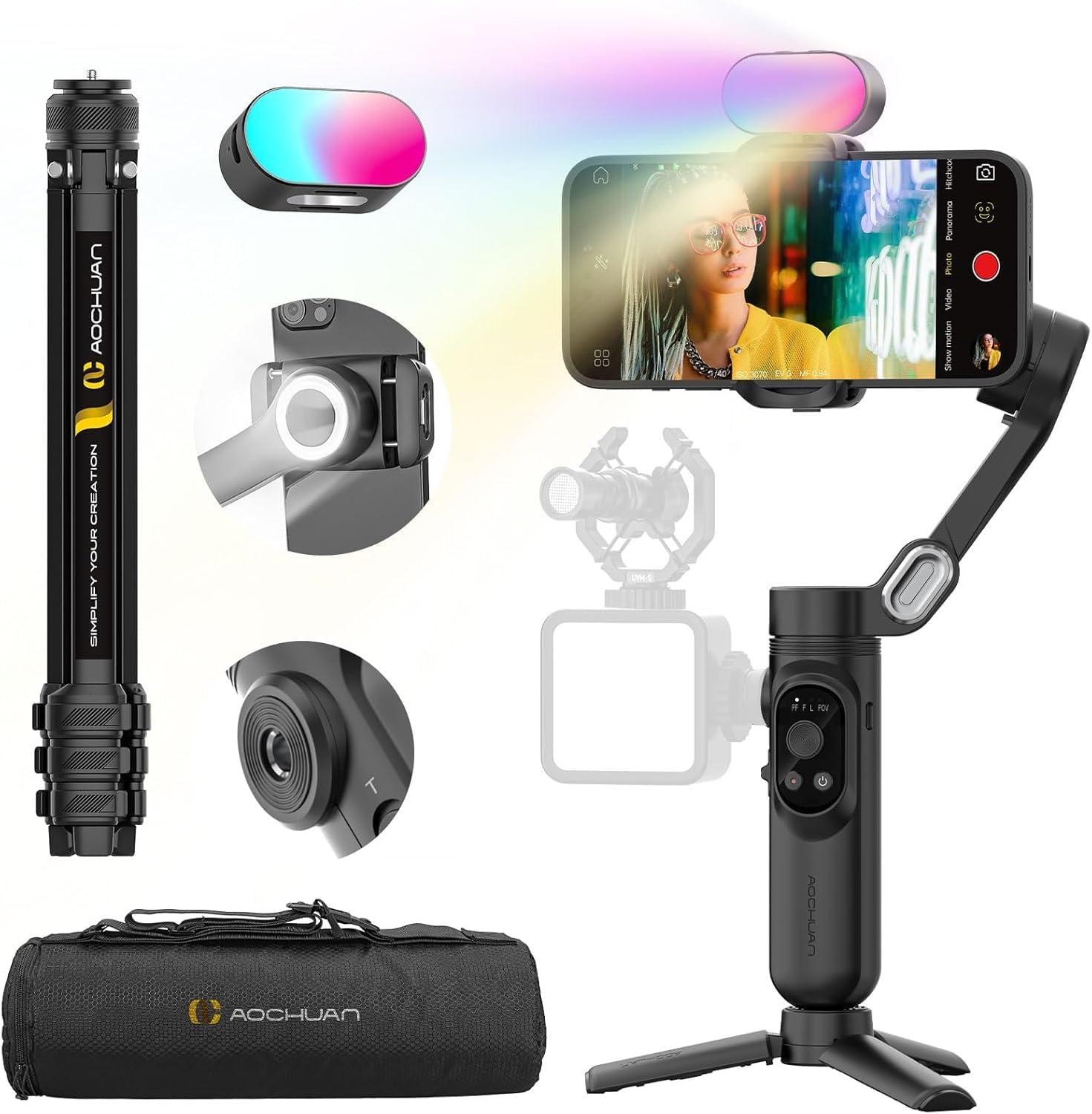         AOCHUAN 3-Axis Gimbal Stabilizer for iPhone &amp; Android w/RGB Light, Handheld Phone Gimbal for Video Recording w/AI Tracking,1/4 Thread, Extendable Tripod, Padded Carry Bag(Smart X Complete Combo1)       