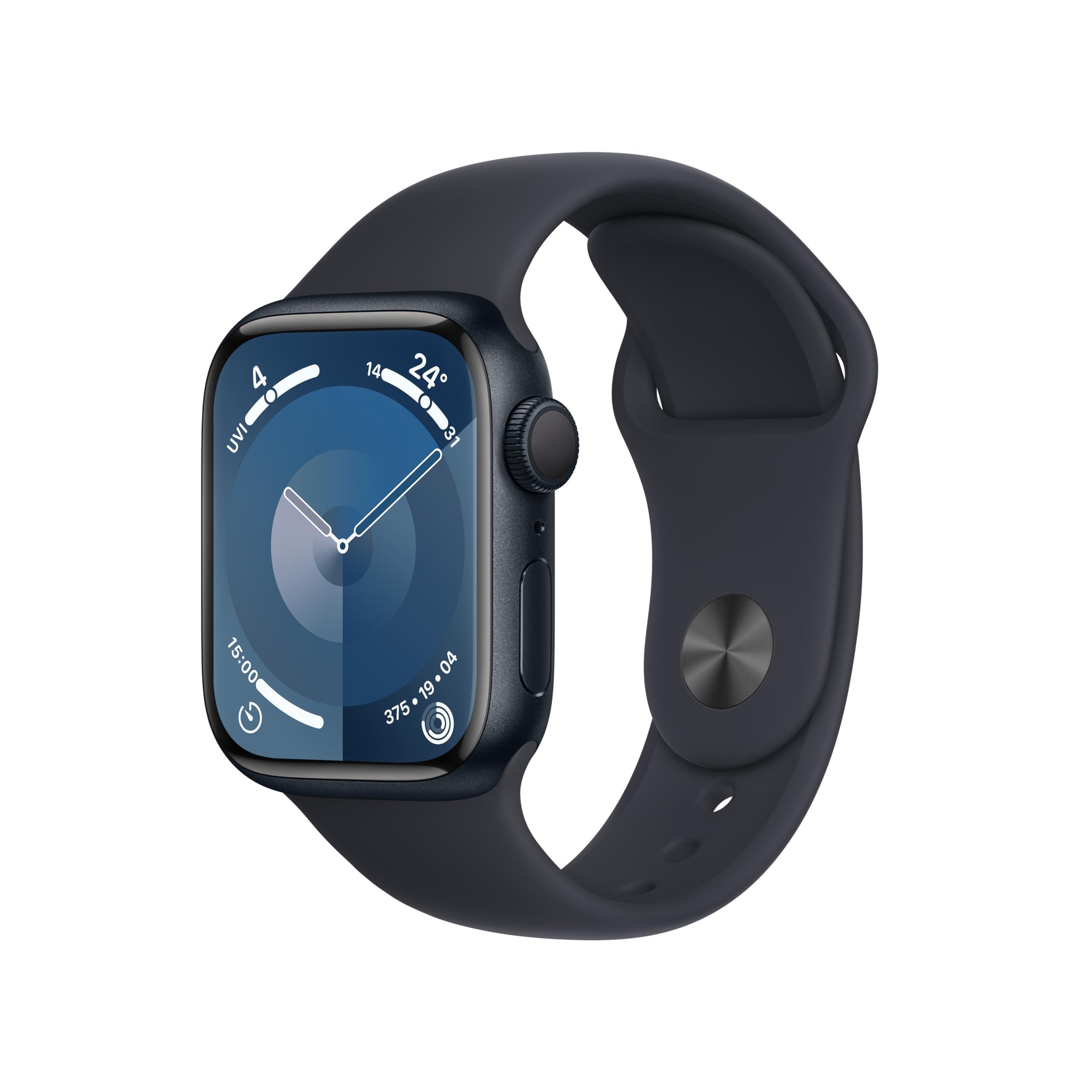         Apple Watch Series 9 [GPS 41mm] Smartwatch with Midnight Aluminium Case with Midnight Sport Band. Fitness Tracker, Blood Oxygen &amp; ECG Apps, Water-Resistant - S/M       