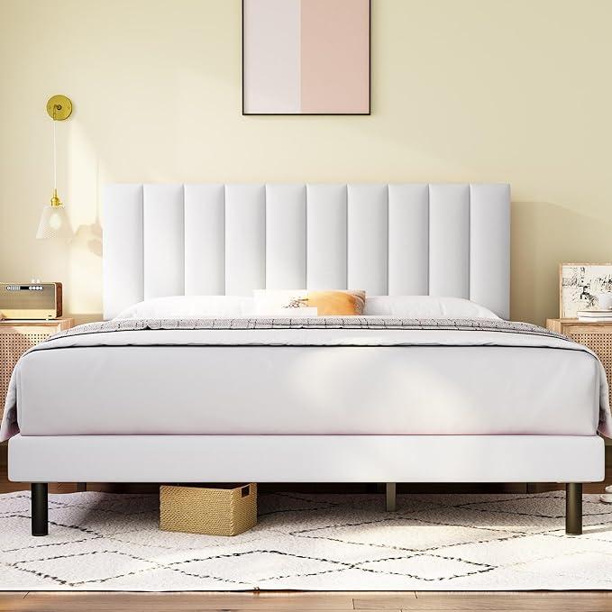 Queen Bed Frame, Molblly Bed Frame Queen with Upholstered Headboard, Platform Bed Frame Queen with Wood Slat Support No Box Spring Needed, Queen Size Bed Frame Easy Assembly,White