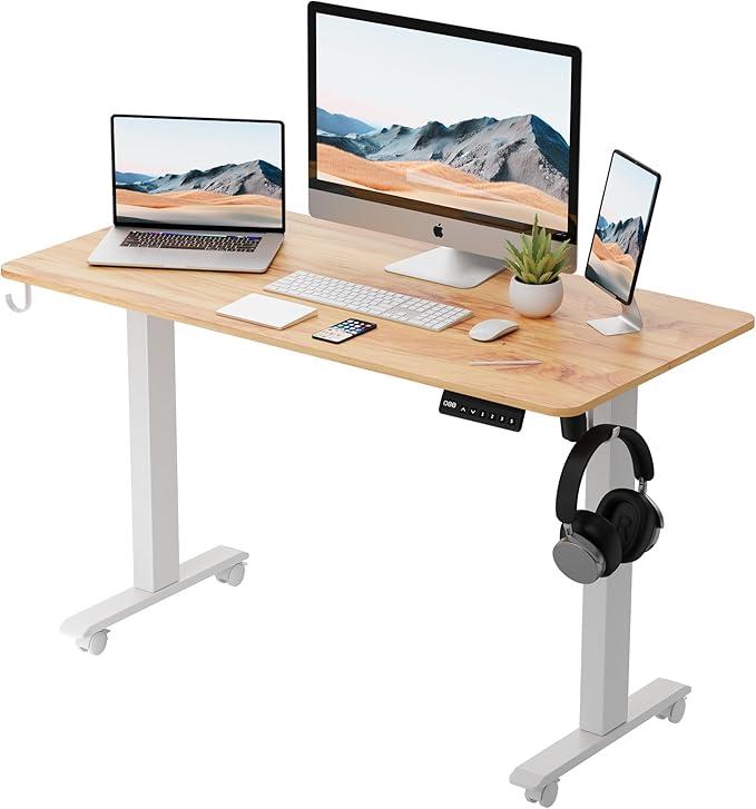 BEXEVUE Standing Desk 48 x 24 inch, Electric Height Adjustable Desk with Splice Board, Sit Stand Desk with Castors, Stand Up Desk Computer Desk for Home Office, White Frame/Light Rustic Brown Desktop