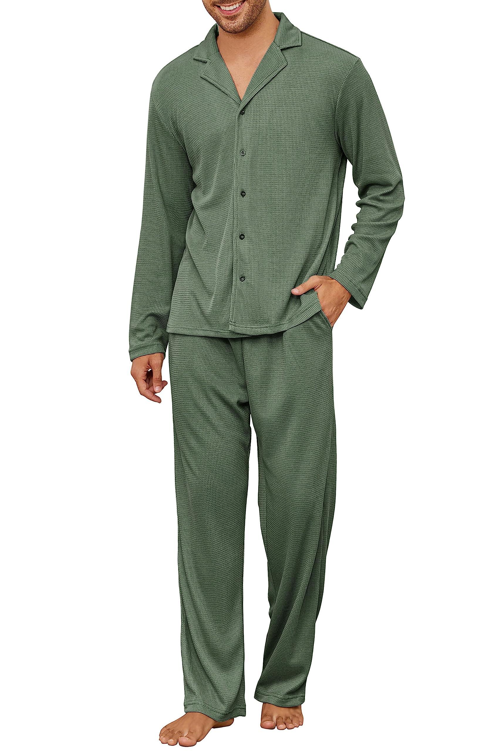         Andeip Men's Pajama Set Waffle Knit Lounge Pjs Set Long Sleeve Top and Pants Sleepwear 2 Piece Soft Button Down Loungewear       